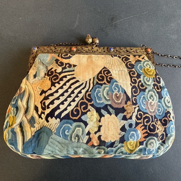 Accessories - Antique Rare Chinese Woven Kesi Evening Hand Bag Gilt Coral Lapis